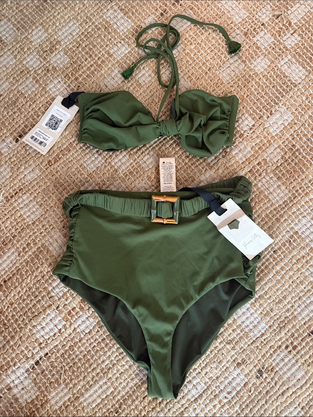 Olive High-Waist Bandeau Bikini Set with Knotted Halter - Picture 7 of 9